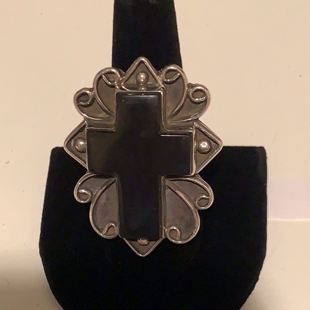 Native American Southwestern Oversized Cross Black Onyx Ring